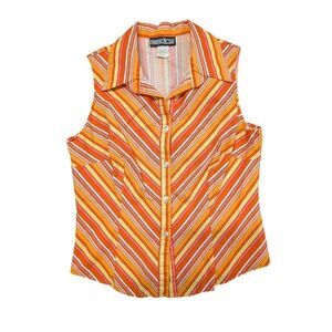 George A LTD Orange Button Down Sleeveless Top Striped Women's Large